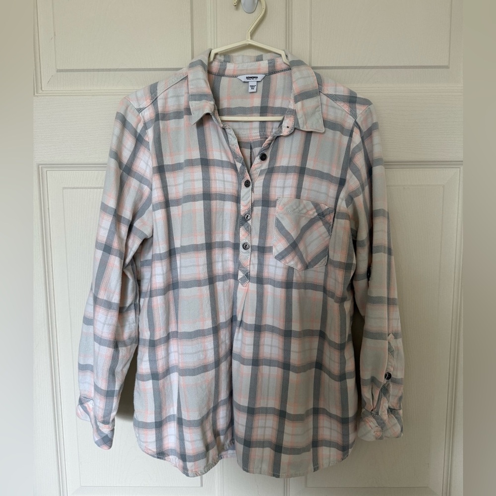 Sonoma Light Pink & Gray Plaid Blouse